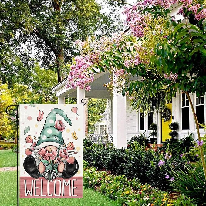 Spring Welcome Garden Flag 12.5 x 18 Inch Gnome with Floral Decorative Double Sided Burlap Flag For Seasonal Farmhouse Yard Outdoor Decor