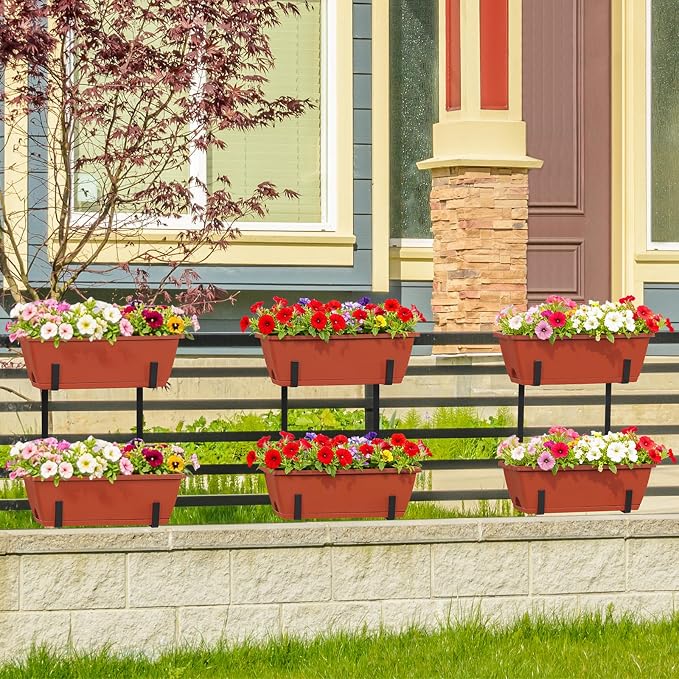 Railing Planter Boxes 17 Inches Rectangular Window Box Planters with Flower Box Brackets 2 Tier Adjustable Balcony Planters for Indoor Outdoor Herb Plants Hanging Porch Fence Rail