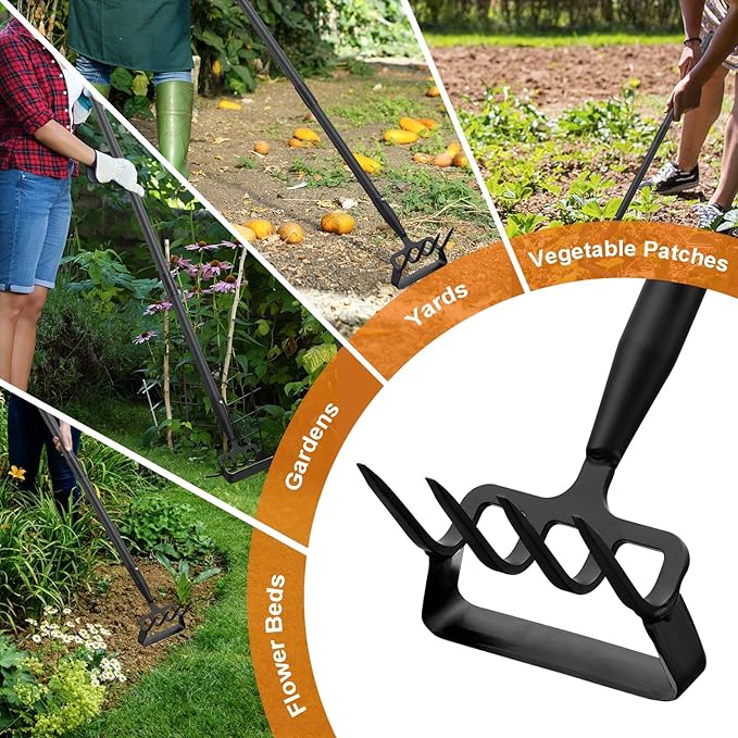 Garden Hoe With Rake, 2-In-1 Stirrup Hoe with 4-Tine Cultivator,Heavy Duty 82 Inch Long Handle Scuffle Loop Hoe For Fast Weeding, Soil Loosening ,Flower Beds, Vegetable Rows, Raised Beds