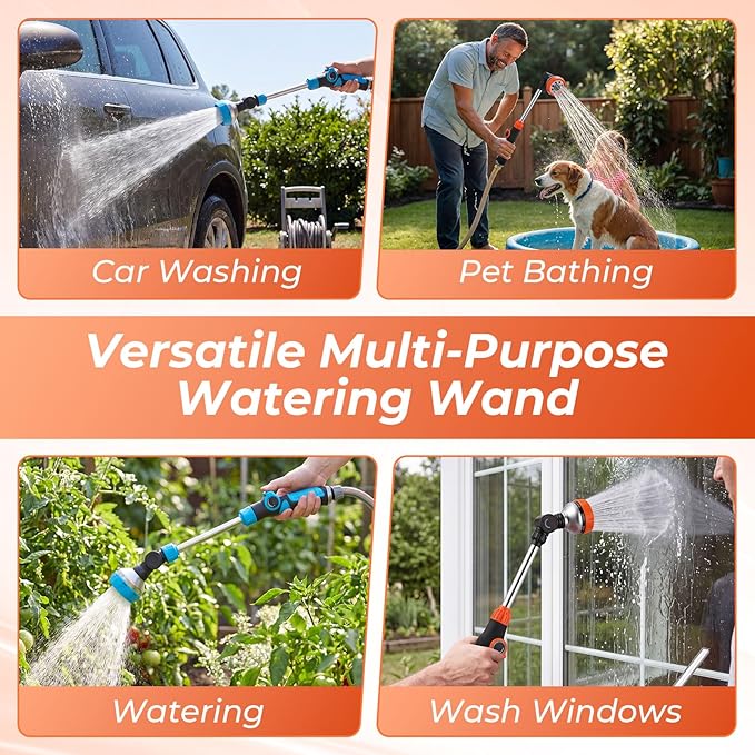 Chumia 2 Pack Metal Watering Wand with 8 Adjustable Spray Patterns 18'' Hose Nozzle Sprayer Heavy Duty 180° Rotating Thumb Control Watering Wand for Garden Lawn Hanging Baskets Orange Blue