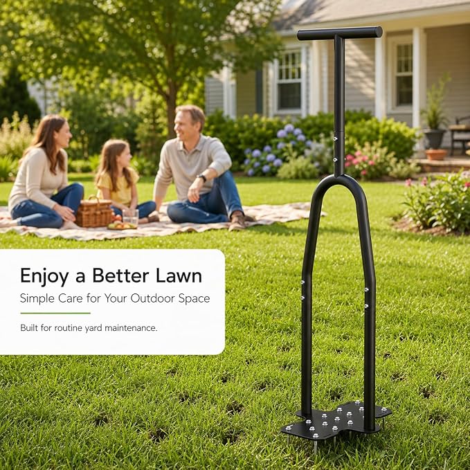 eWonLife Lawn Aerator Tool with Step-Through Pedal, 15-Spike Manual Aerator | Joint-friendly aeration with full-foot pedal, 15 spikes, 41-inch handle and durable steel construction
