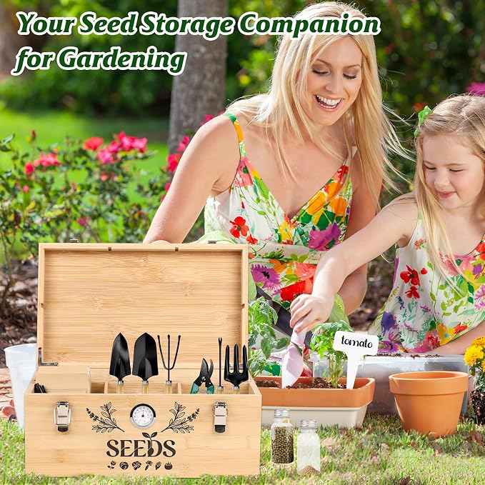 Seed Storage Organizer Box with Built-in Hygrometer, Natural Bamboo Seed Saving Box with Seal Design Lid, Safety Lock & Solid Handles, Extra Seed Envelopes and Labels – Great Gift for Gardeners (Wood)