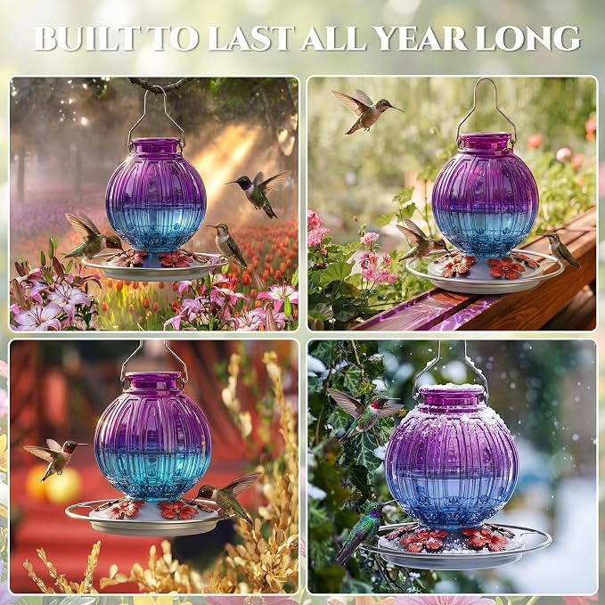 Glass Hummingbird Feeder for Outdoors Hanging, 26Oz Bird Nectar Feeder with Perch & 5 Flower Feeding Ports, Leak Proof for Outside Garden Decor Backyard, Gifts for Women Mom, Purple & Blue