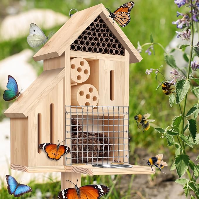Hoteam Wooden Insect Hotel Bee Ladybugs Butterfly House Large Natural Mason Bee Lady Bug Hotel with Stake and Feeder for Garden Yard Backyard Attract Butterflies Pollinators Beneficial Insect(Natural)