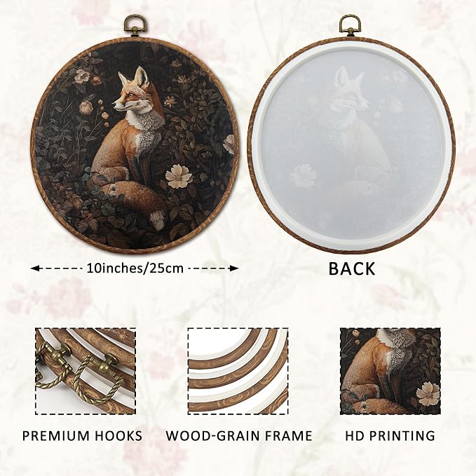 DOFQZ Vintage Boho Floral Fox Round Wall Art Decor, Mystical Forest Fox Botanical Framed Wall Art, Dark Cottagecore Wildlife Canvas Wall Hanging Decor for Home Bedroom Living Room, 10x10