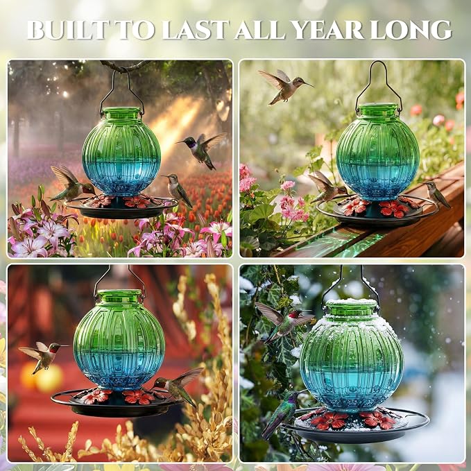 Glass Hummingbird Feeder for Outdoors Hanging, Bird Nectar Feeder with Perch & 5 Flower Feeding Ports, 26 Oz Leak Proof for Outside Garden Decor Backyard, Gifts for Women Mom, Green & Blue