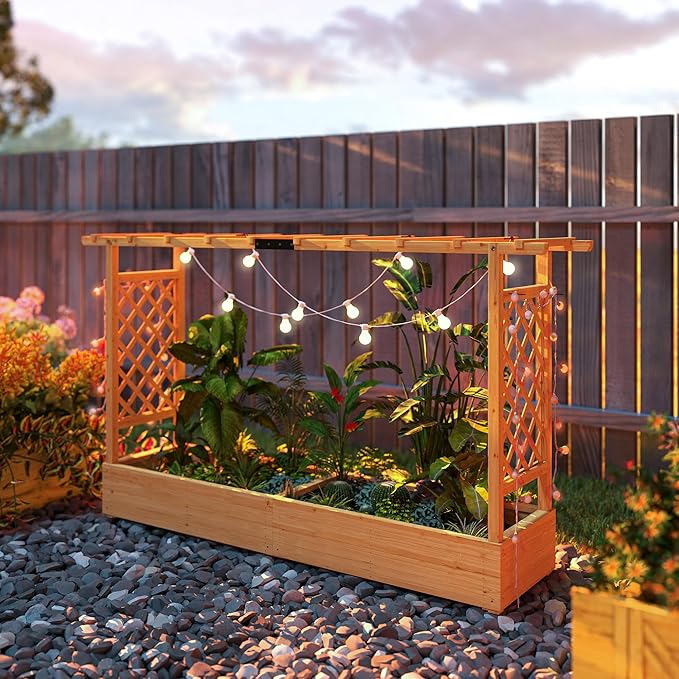 Outsunny Raised Garden Bed with Trellis, Wooden Planter Box with Drainage Holes and Hanging Roof, Outdoor Flowers Box for Herbs, Vegetables, Climbing Plants, 78.7" x 17.3" x 44.7"