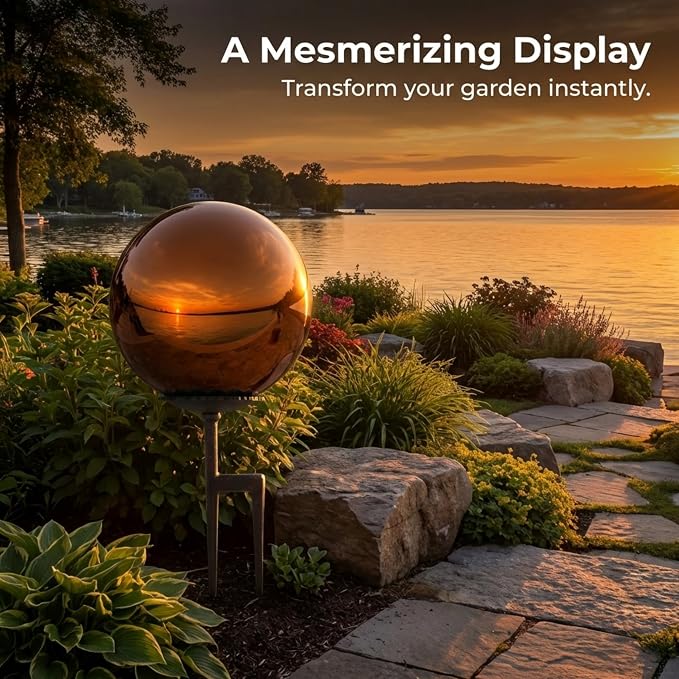 Lulu Decor, Copper Stainless Steel Gazing Mirror Ball Size 12 with Screw Stand (for Windy Area)