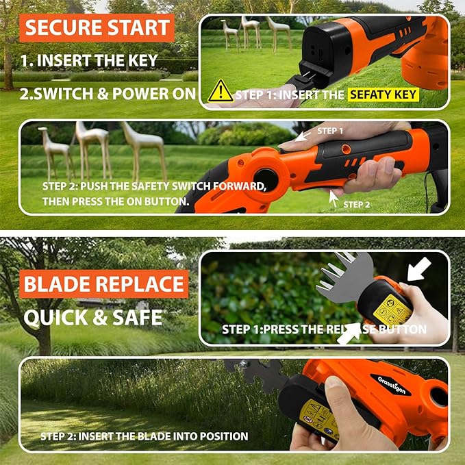 Grasstigon 7.2V Hedge Trimmer Cordless, 2 in 1 Grass Shear Handheld, Electric Bush Trimmer, Lightweight Rechargeable Shrub Trimmer for Garden Yard Lawn (Orange)