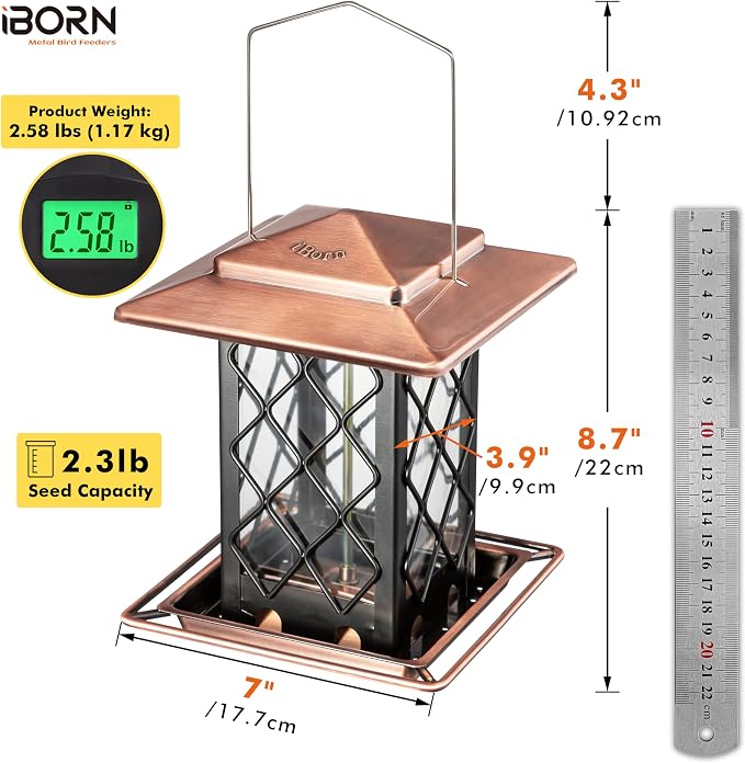 iBorn Bird Feeders for Outdoors, Metal Bird Feeder, Wild Bird Feeders for Cardinal, 2.4LBS Capacity,18cm Large Roof, Lantern Style, Brush Copper