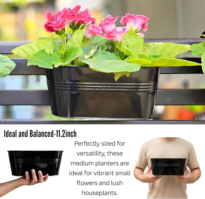 LaLaGreen Outdoor Plants Rail Planter (11.2 Inch, 5 Pack) Black Metal Iron Hanging Flower Pots Deck Railings Fence Buckets Modern Boho Style Wall Mount Window Box Plant Holder Hooks Porch Home Decor
