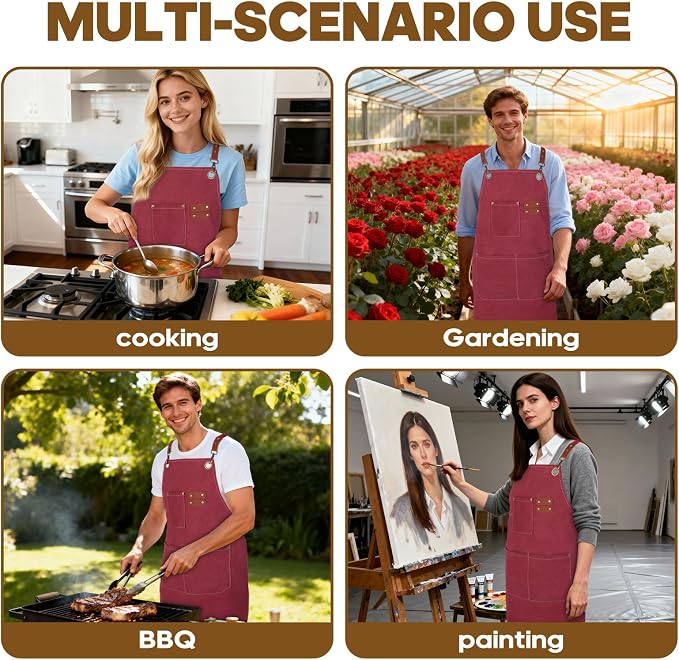 Aprons For Women Men With Large Pockets, Waterproof Cotton Chef Aprons For Cooking Server Grilling Bbq Kitchen