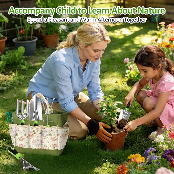 Garden Tool Set with Floral Bag,9-Piece Stainless Steel Gardening Hand Tool with Rubber Non-Slip Handle,Yard Tools Gifts for Women & Seniors,for Planting, Weeding & Seedling Transplanting