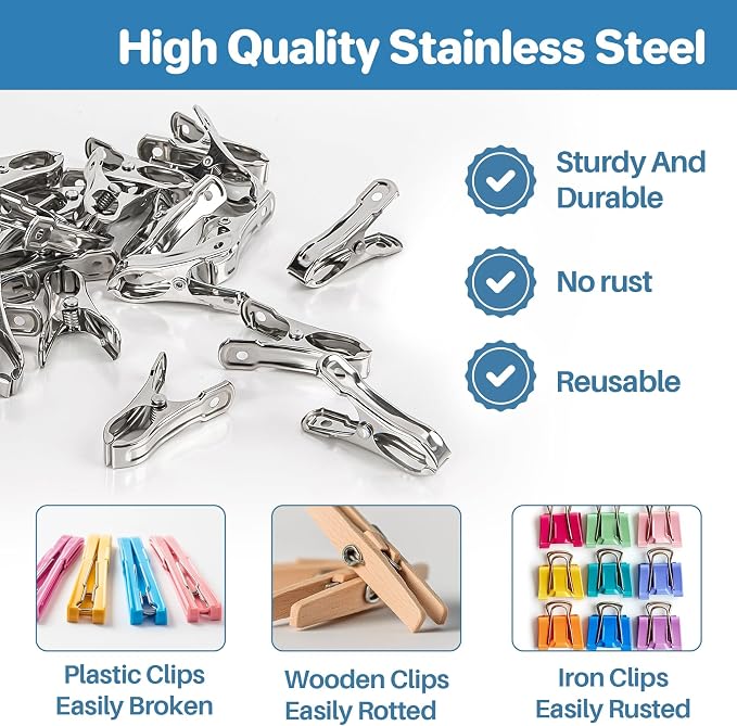 RAINFLOW 50 PCS Garden Clips - Stainless Steel Greenhouse Clamps,Grip Strong Heavy Duty Metal Greenhouse Supplies,Garden Clips for Netting, Hoops,Shade Cloth,Plant Cover