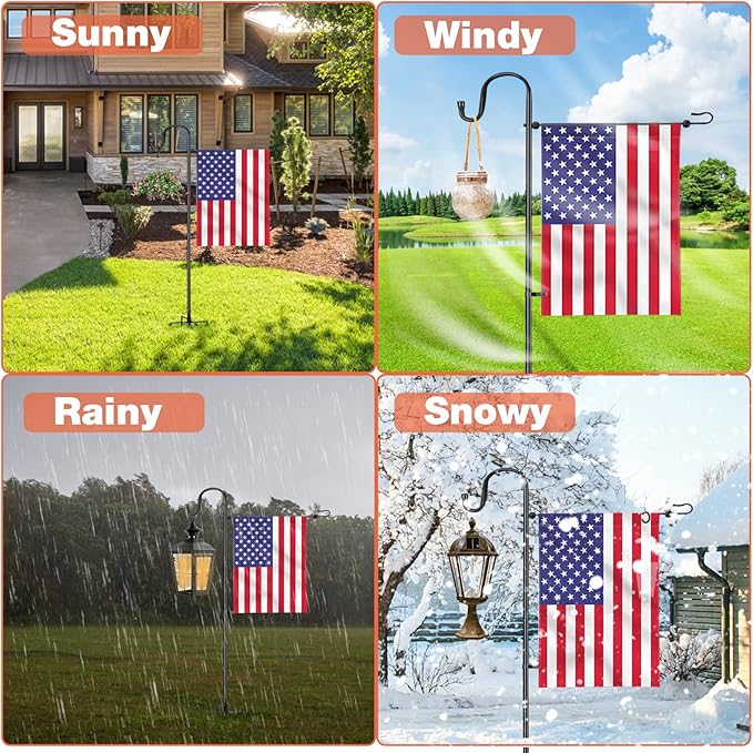 LOPANNY Garden Flag Stand - Upgraded Garden Flag Pole with Shepherd Hooks for 12 x 18 Flag, 45IN Yard Flag Holder Stand for Small Flags(Without Solar Lights & Flag)