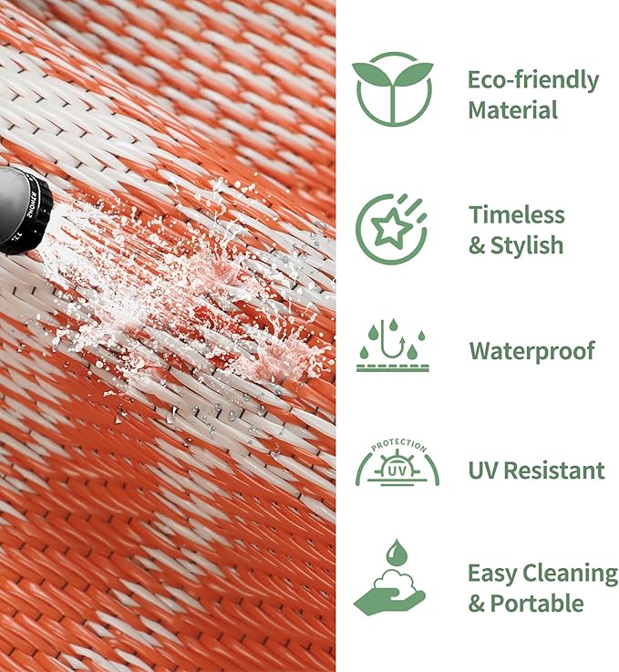 GENIMO Waterproof Outdoor Rug for Patio Clearance, 3'x5' Reversible Plastic Straw Rugs, Lightweight RV Camping Mat for Camper, Balcony, Deck, Backyard, Picnic, Orange White Plaid