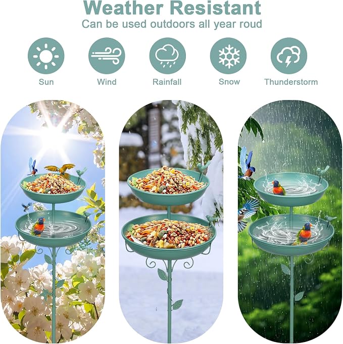 Bird Bath for Outside with 2 Bird Decor, Hummingbird on Pole & Sparrow on Bowl, 38.5 Inch Height Garden Birdbath, 12 Inch Antique Green Freestanding Birdfeeder Bath for Yard Patio