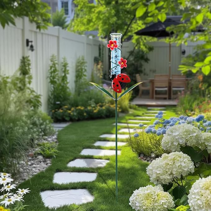 WONDER GARDEN Rain Gauge Outdoor, Decorative Ladybug Rain Gauges Outdoors Best Rated, Freeze Proof Glass Water Rain Measure Gauge with Flower for Yard Patio Lawn Decor