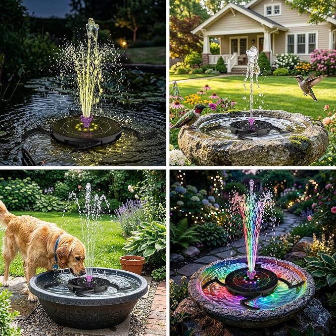 Solar Fountain Pump with 2000mah Battery & Works in Cloudy Day, Glass Solar Water Fountain with 10 LED Lights, 7 Nozzles and 3 Spray Height Adjustment, Solar Bird Bath Fountains for Garden, Pool, Pond