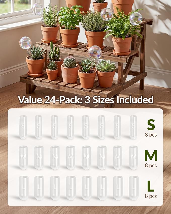 NiHome 24-Pack Silicone Slow Flow Reducer Caps (S/M/L Size) for 7-11mm Watering Globe Stems, 3-Hole Controlled Water Release, Universal Accessories for Indoor/Outdoor Plants, Glass & Plastic Globes