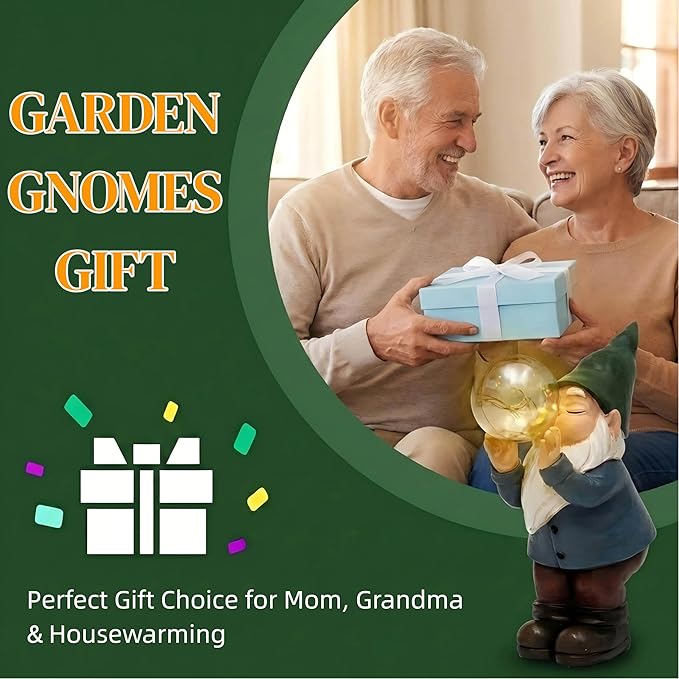 Solar Garden Gnome with Glowing Bubble Light | Waterproof Outdoor Statue for Patio, Yard & Garden Decor
