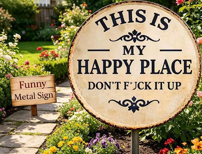 1PCS Funny Garden Metal Sign -"This Is My Happy Place Don't Fxxk It Up" Vintage Decor, This Is My Happy Place – Funny Metal Sign, Welcome to Wall, Transform Your Garden of Art (8 * 8in)