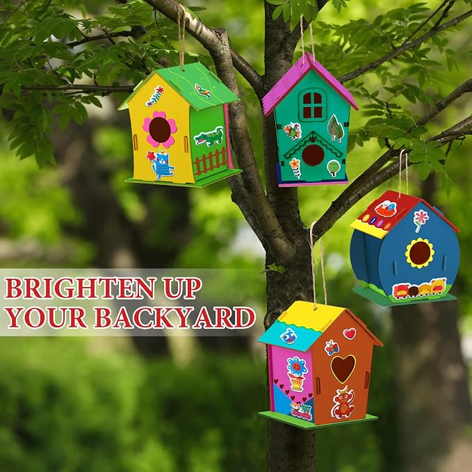 Tuanse 107 Pcs Wooden Birdhouse DIY Kits Includes 21 Unfinished Wood Mini Bird House 24 Watercolor Pen 50 Bird Butterfly Flower Slices 12 Animal Stickers for Adults DIY Craft Making Supplies (Cute)