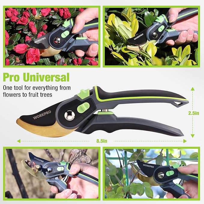 WORKPRO Bypass Pruning Shears, 9" Professional Garden Shears with Adjustable Handle Span, Premium Steel Garden Clippers, Titanium Coated Garden Tool, Cuts Up to 3/4 Inch