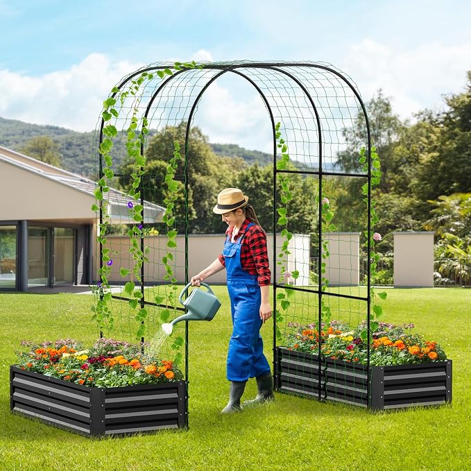 3 in 1 Galvanized Raised Garden Bed with 87" H Arch Trellis for Climbing Plants, Outdoor Gardening Planter Box with Climbing Net for Flower Vegetables Fruits Herbs, Black