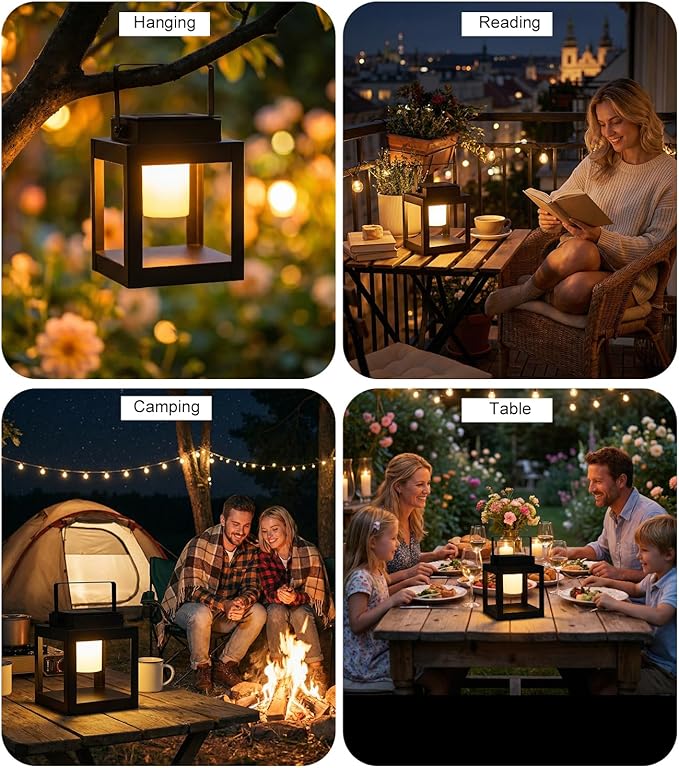 Solar Lanterns Outdoor Waterproof, Portable Outdoor Table Lamp with Handle, 3-Way Dimmable Soft Warm LED Light, Dual USB/Solar Charging Hanging Lantern for Patio BBQs, Camping, Emergency Use