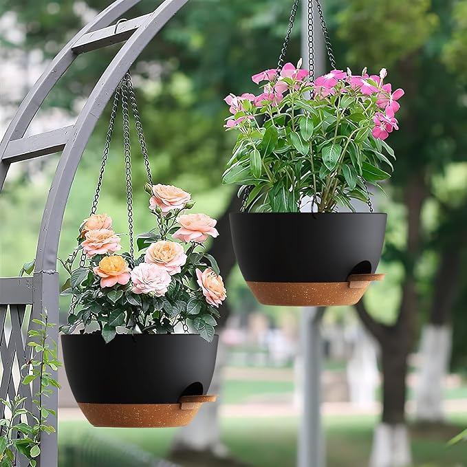 UOUZ Set of 3-10 Inch Self Watering Hanging Planters for Indoor Outdoor,Hanging Plant Pots with Drainage & Removable Tray, Hanging Pots Holder for Ivy, Pothos, Ferns, Balcony & Patio, Black with Brown