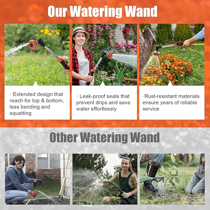 Hushee 2 Pack 18.5" Metal Watering Wand, 180° Swivel Garden Hose Nozzle with 8 Spray Patterns, Water Hose Wand with Thumb Control, Heavy Duty Sprayer Nozzle for Hanging Baskets Shrubs Plants Car