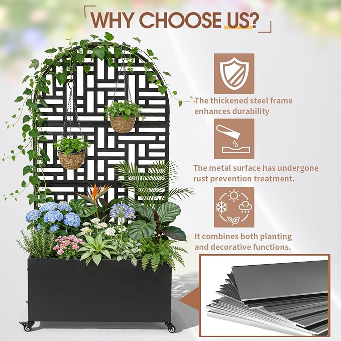 VINGLI 71″H Metal Raised Garden Bed with Trellis and Wheels, Outdoor Planter Box with Drainage Holes for Climbing Plants, Vegetables and Vines, Privacy Screen, for Patio, Backyard and Balcony, Black