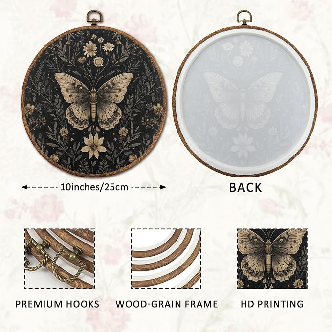 DOFQZ Moody Floral Gothic Butterfly Round Wall Art Decor, Dark Academia Cottagecore Botanical Moth Framed Canvas Hanging Art for Bedroom Living Room Home Office Decor, 10x10