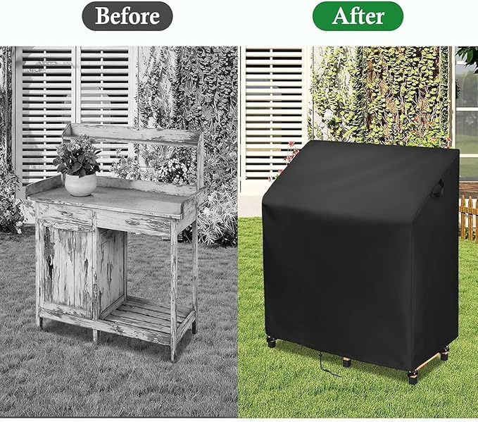 Canvas Potting Bench Cover, Waterproof Outdoor Table For Garden Furniture, All Weather Anti-UV Protection With Zipper, Adjustable Drawstring & Windproof Straps, Durable Protector(35"Lx19"Wx36/46"H)