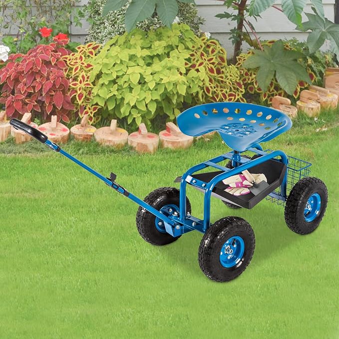 J-Sun-7 Garden Cart with Seat - Rolling Garden Scooter, Steel Stool with Wheels, 360 Degree Swivel Work Seat, Adjustable Handle, Tool Tray, Basket, Gardening Stools for Seniors, Blue