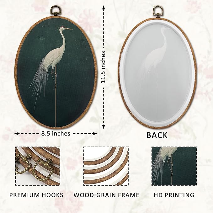 DOFQZ Japanese Crane Oval Wall Art Decor, Elegant Japandi Bird Framed Wall Art, Green Asian Oriental Crane Bird Walls Hanging Decor for Home Bedroom Living Room, 8.5x11.5 Inch