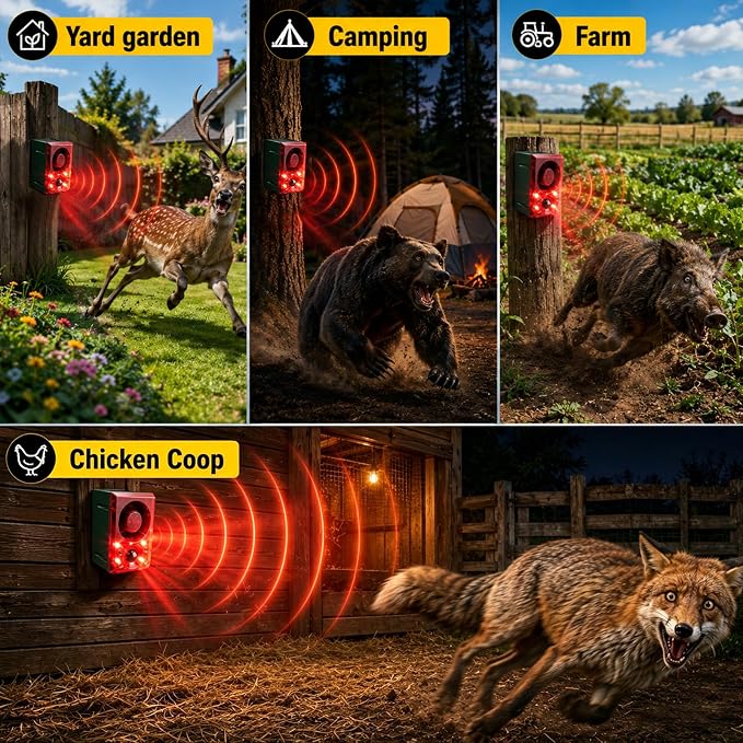 ChunHee Solar Outdoor Motion Sensor Alarm with Dog Barking Gunshot Sound, Support Recording and Adjustable Volume, 130db Loud Noise Maker 3 Work Modes Strobe Light for Home, Villa, Farm, Barn (3pack)