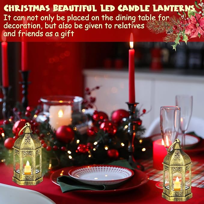 Hortsun 24 Pcs Vintage Lanterns Mini Lantern for Wedding Table Centerpiece Retro Decor with LED Candle Battery Powered Hanging for Medieval Wedding Cowboy Halloween Party Decoration Supplies(Gold)