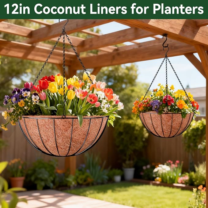 ZeeDix 6 Pack 12 Inch Coconut Liners for Planters, Round Hanging Basket Liners Natural Coco Coir Replacement Liner for Flowers Vegetables Patio Porch Garden Decor