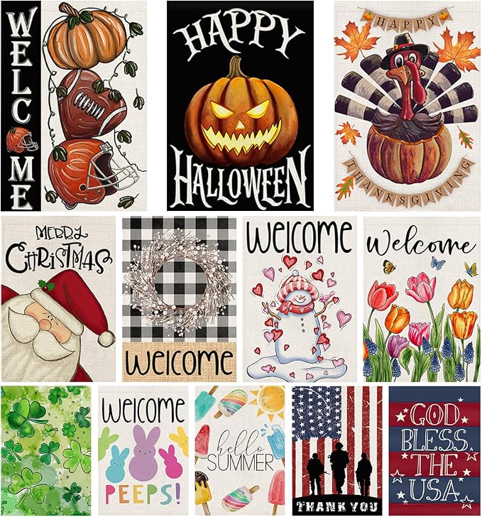 12 Pack Seasonal Garden Flags Set 12x18 Double Sided Burlap, Small Yard Flags for Outside All Seasons, Holiday Outdoor Decorations for Christmas Fall Thanksgiving 4th of July Patriotic Spring Summer