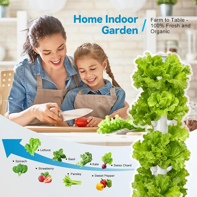 JESLED Hydroponic Tower with 5000K Full-Spectrum Grow Lights, 45 Pods Vertical 15 Tiers Hydroponic Tower, Auto Watering & Lighting for Indoor Herbs, Fruits and Vegetables, High 66.2"