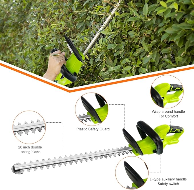 Leisch Life Cordless Hedge Trimmer, 20V Bush Trimmer, Handheld Hedge Cutter, Grass Shrub Trimmer, Lightweight Trimmer(Battery & Charger Included)