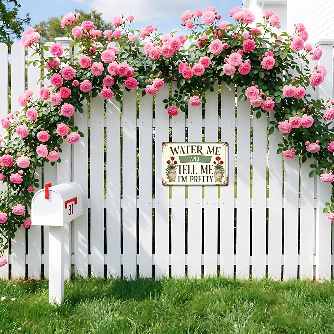 Funny Garden Signs, Vintage Garden Gift, Garden Decor for Outside, Water Me and Tell Me I'm Pretty Sign, Weatherproof Aluminum Outdoor Decor for Patio Yard Greenhouse Home, Wall Decor 12x8 Inch