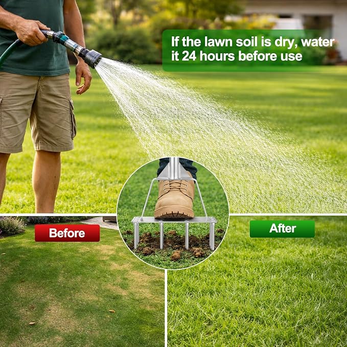 2 in 1 Lawn Aerator & Core Aerator Tool, Stainless Steel Spike Manual Dethatching & Soil Aerator Lawn Tool with 9 Spikes & 6 Cores, Semi-Assembled Grass Aerator for Lawn, Yard Plug Aerator