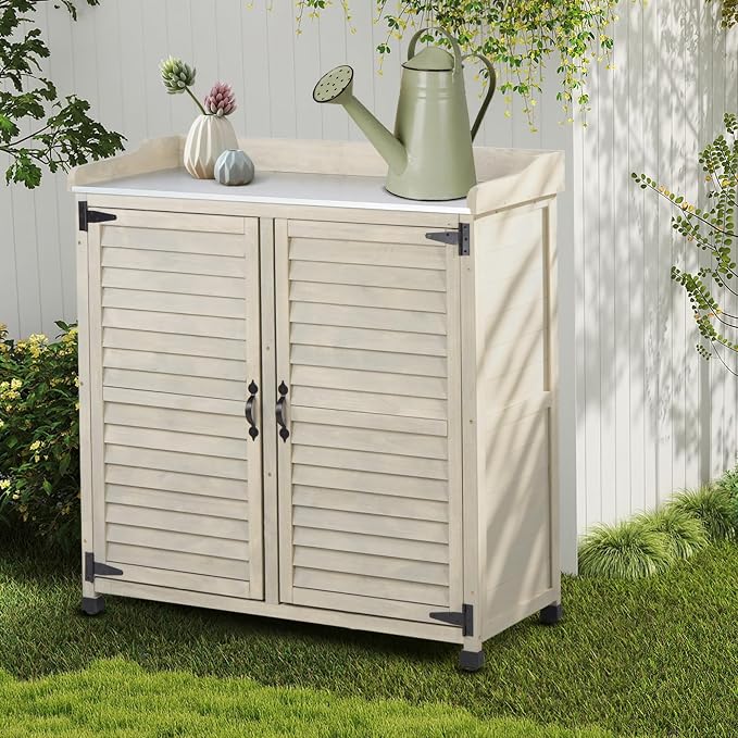 Outdoor Storage Cabinet & Potting Bench Table with Metal Work Top & Vented Louvered Doors, Wooden Patio Furniture, Garden Workstation (Accent Grey, 36x31x17in)