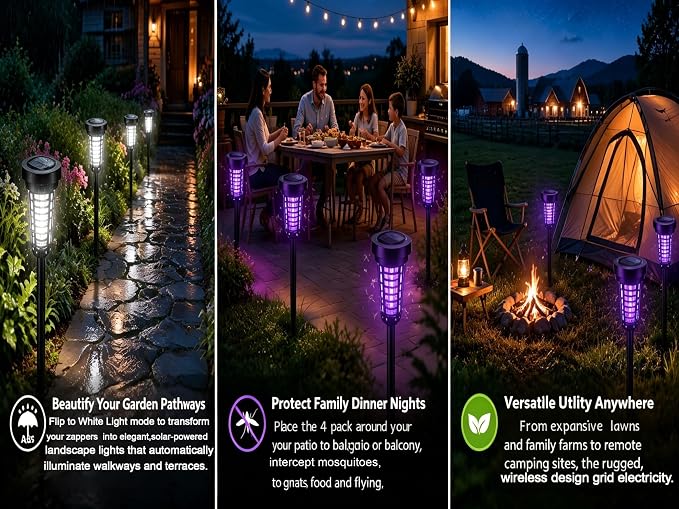 4PCS Solar Mosquito Zapper Outdoor, Bug Zapper Outdoor Solar with UV Light, Bug Zapper Repellent Trap, Outside Bug Repellent Trap Used to Keep Gnat Small Flying Mosquitoes Insect Away (4 Units)