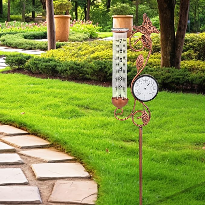 Rain Gauge Outdoor, coppery Butterfly Rain Gauge with Thermometer for Measuring Precipitation, Garden Decoration,Yard Garden Patio Lawn(Coppery Butterfly Thermometer)