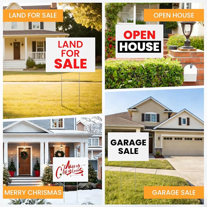 20 Pack Yard Signs with Metal Stakes, Custom Yard 17 x 12 Inches, Corrugated Plastic Board for Sale Sign Outdoor, Rent, Guidepost, Garage Sale Signs, Birthday Party