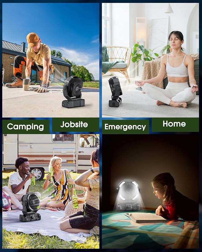 ONLYNEW Portable Camping Fan Rechargeable 20000mAh Battery Operated Oscillating Fan USB C Battery Powered with LED Lantern, Head Rotation,Timer, Remote Auto, Hook for Tents Travel Outdoor Beach